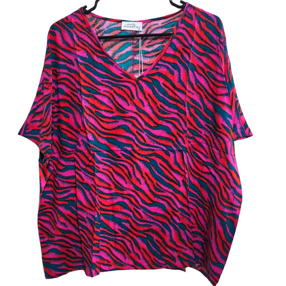 NWT Emily Wonder Small, Medium, Large Magenta Teal Zebra Print V-Neck Top